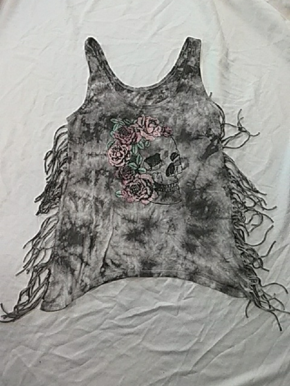 Wound Up Black Tie-Dye Fringe Tank with Pink Floral Skull Accent